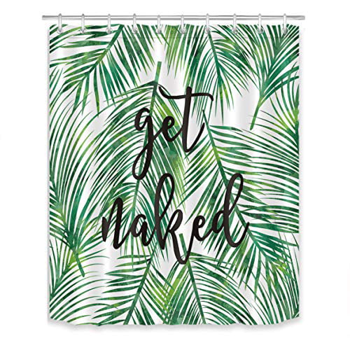 Waterproof Fabric Shower Curtain Dark Green Tropical Palm Leaves Bathroom Hooks